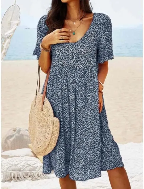 Womens Summer Dress Casual Loose Flowy Swing Boho Ditsy Floral Dress V Neck Short Sleeve Summer Beach Mini Dress