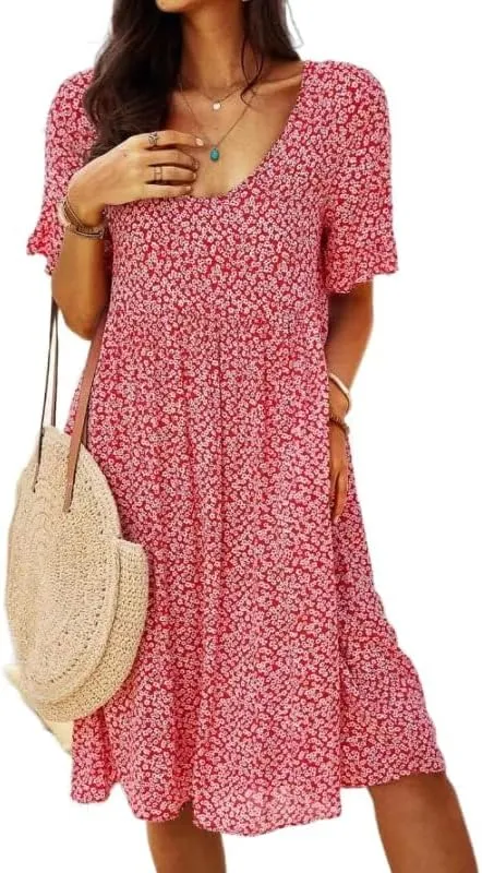 Womens Summer Dress Casual Loose Flowy Swing Boho Ditsy Floral Dress V Neck Short Sleeve Summer Beach Mini Dress