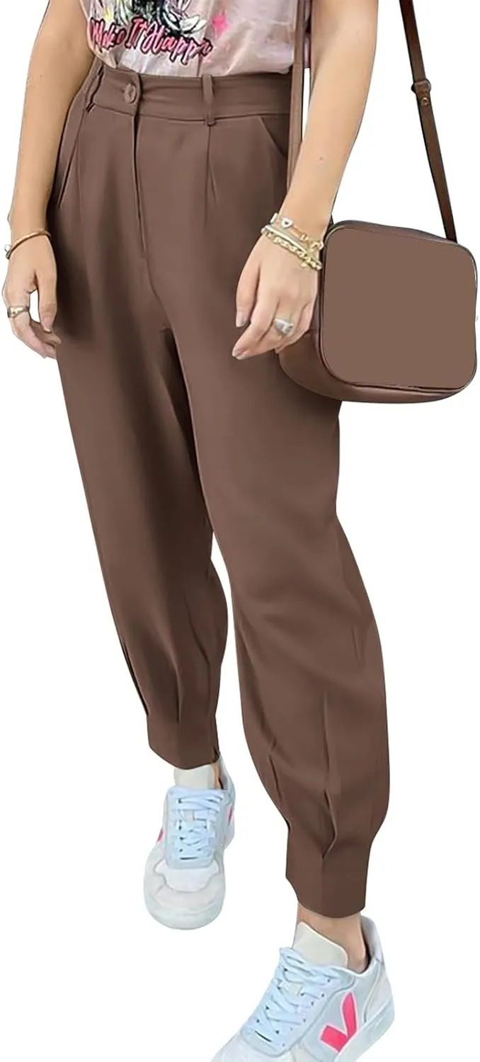 Womens Tapered Pants Summer High Waist Business Pant Harem Pants Solid Color Loose Fit Casual Trousers with Pockets
