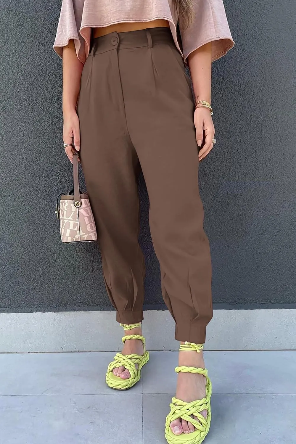 Womens Tapered Pants Summer High Waist Business Pant Harem Pants Solid Color Loose Fit Casual Trousers with Pockets