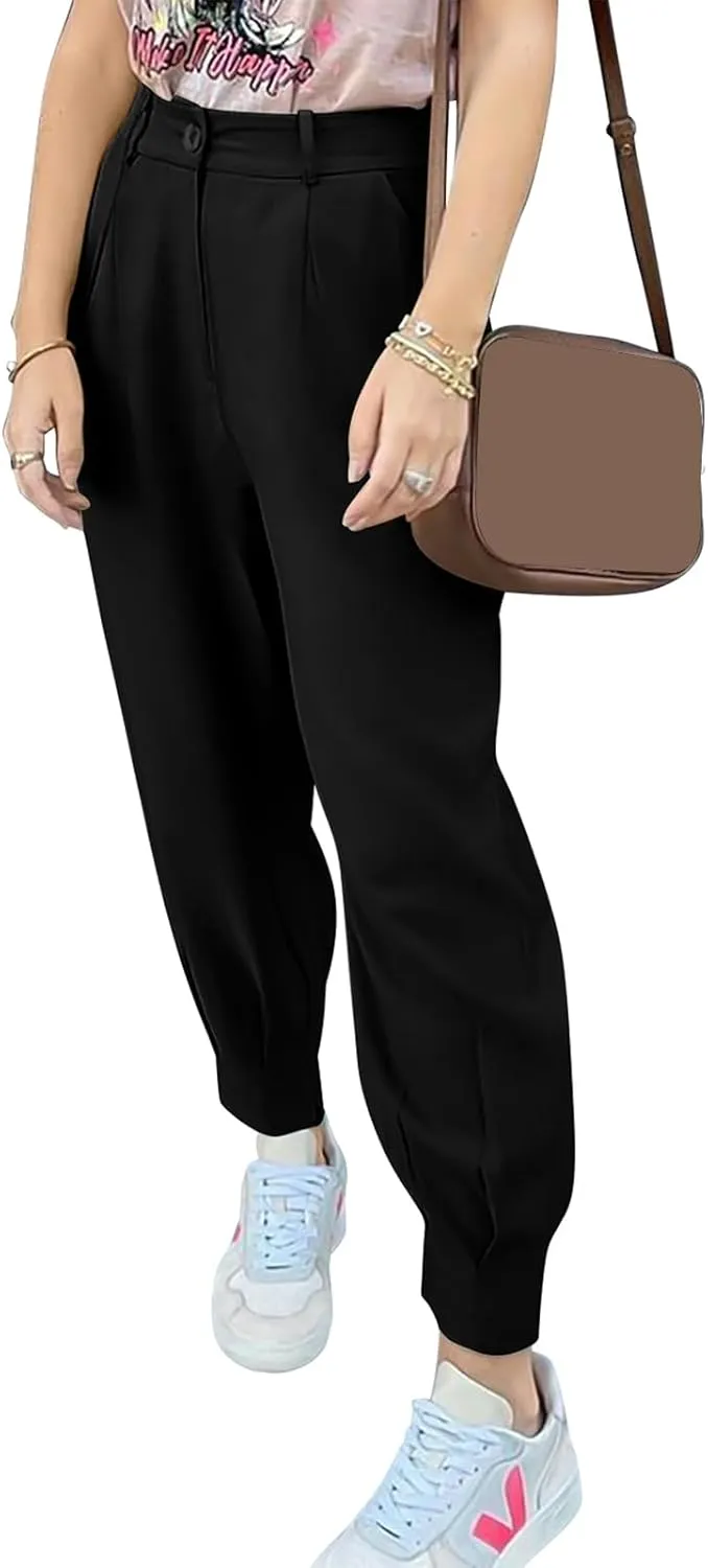 Womens Tapered Pants Summer High Waist Business Pant Harem Pants Solid Color Loose Fit Casual Trousers with Pockets