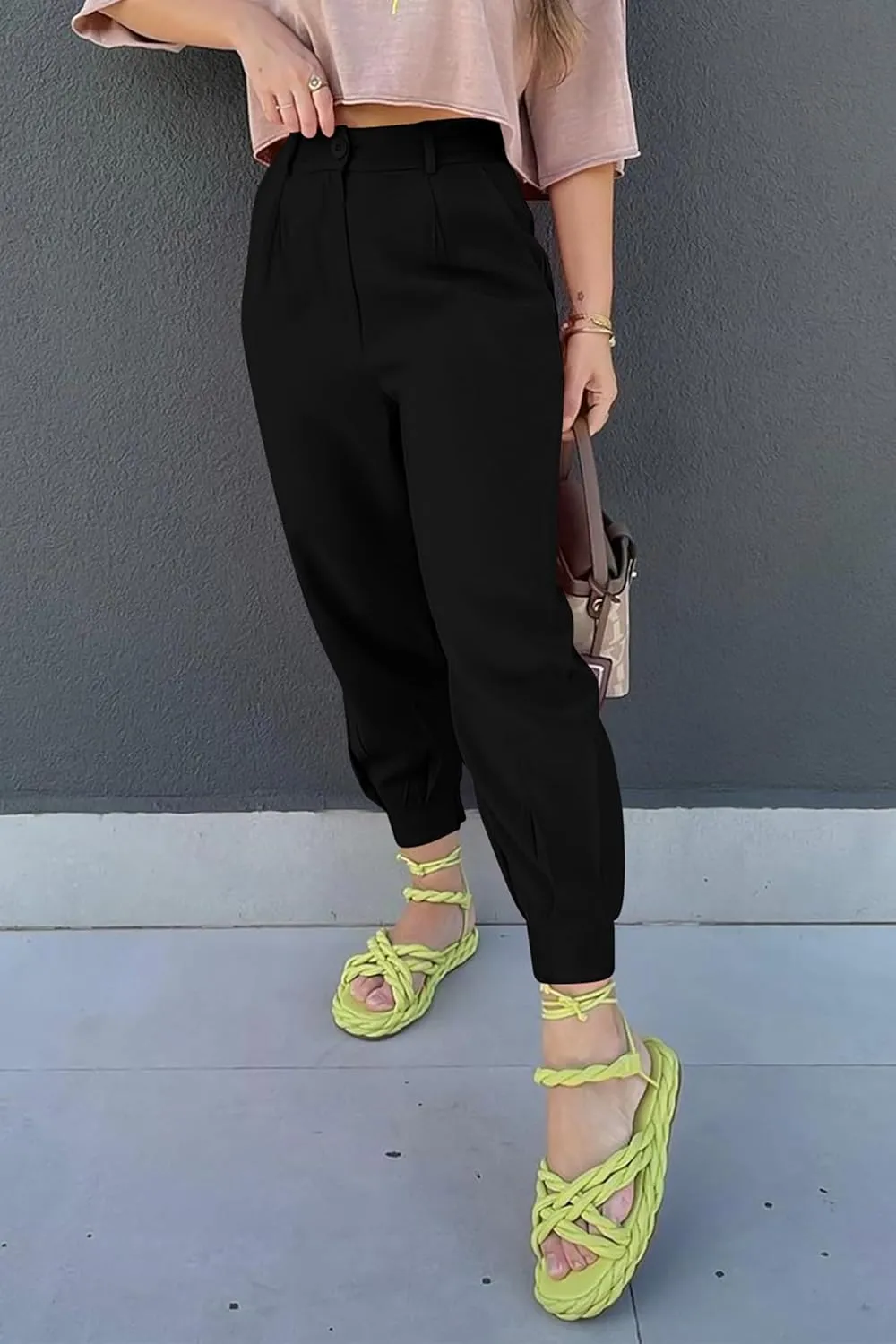 Womens Tapered Pants Summer High Waist Business Pant Harem Pants Solid Color Loose Fit Casual Trousers with Pockets