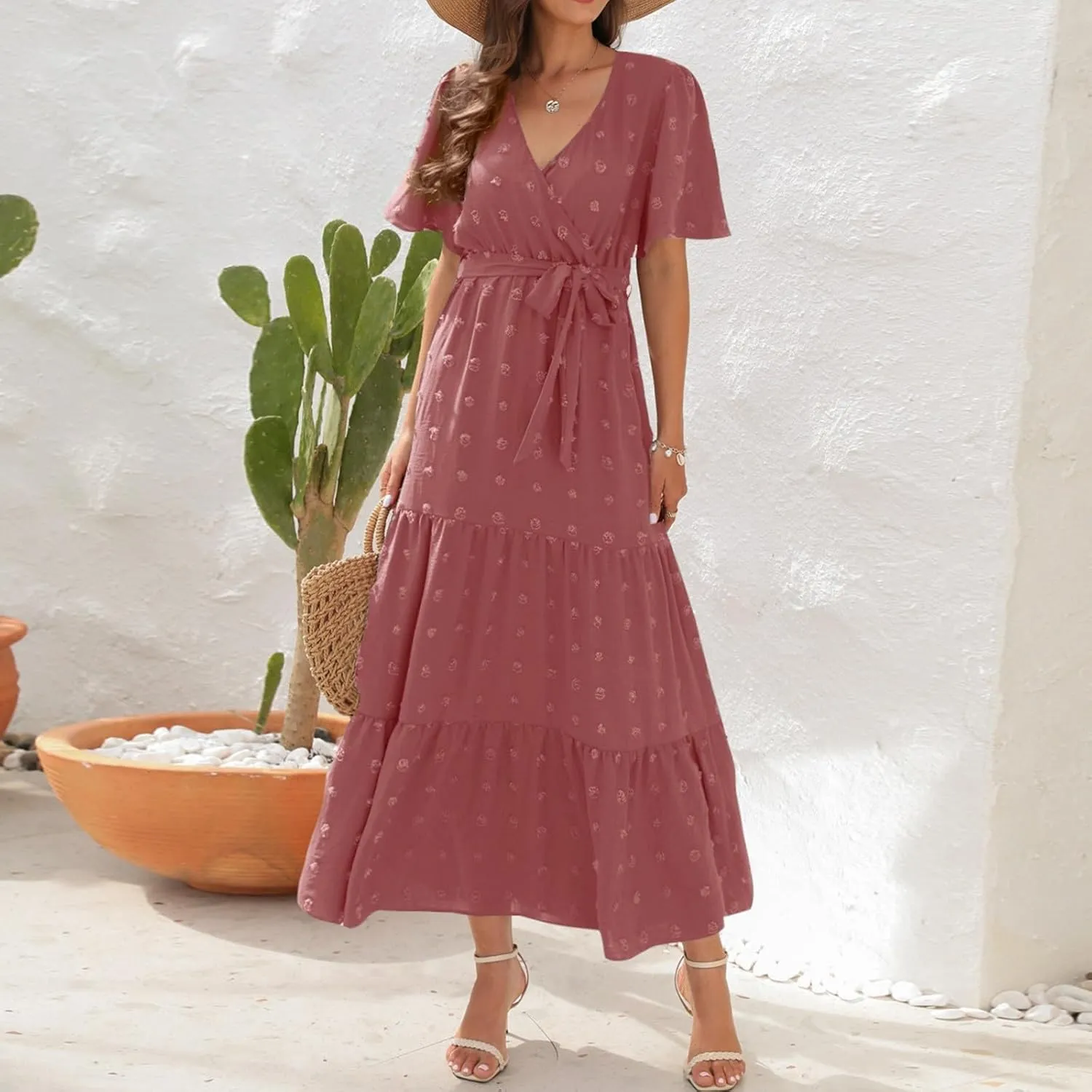 ZEFOTIM Women's Maxi Dress Work Solid Color Dress Short Sleeve V Neck Dresses