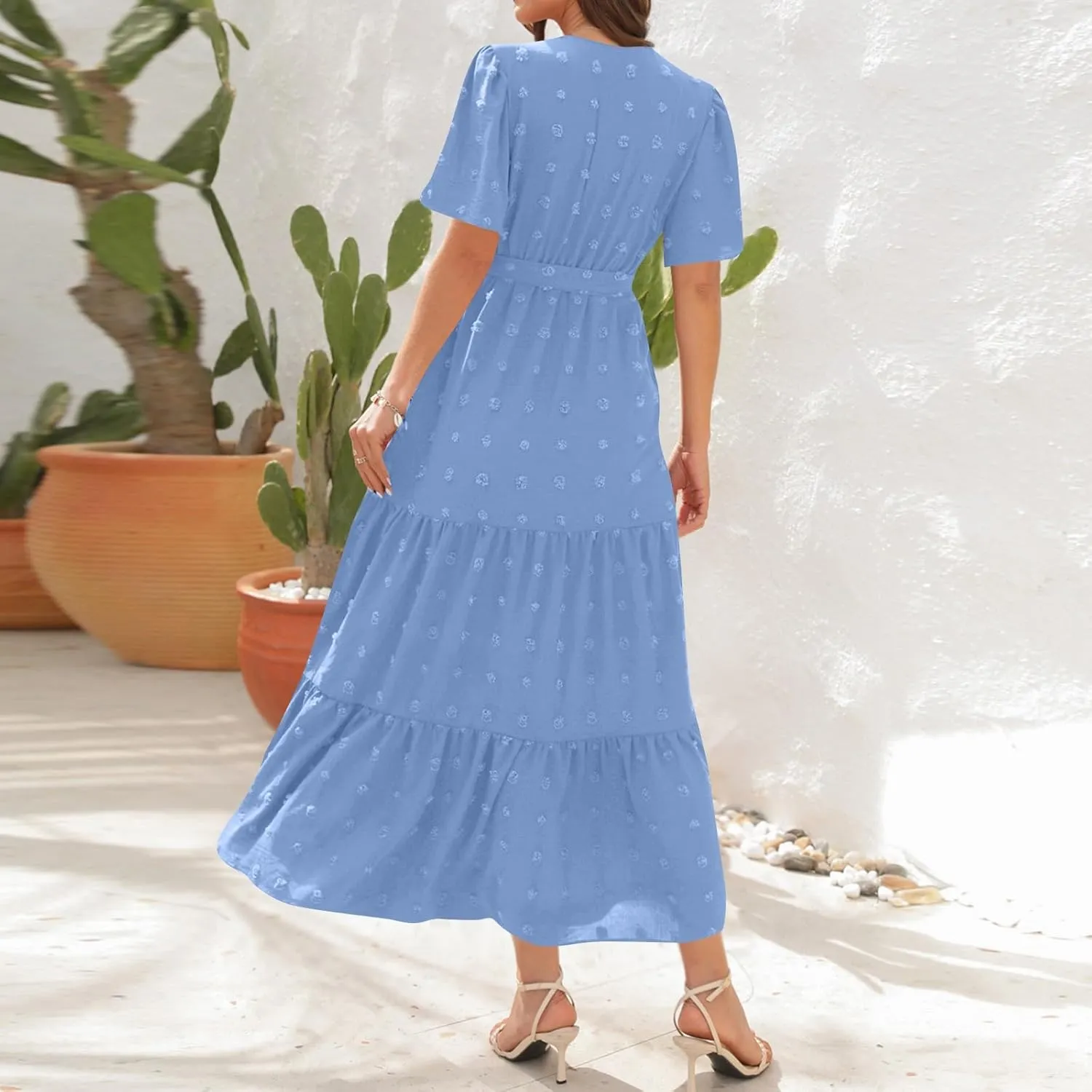ZEFOTIM Women's Maxi Dress Work Solid Color Dress Short Sleeve V Neck Dresses