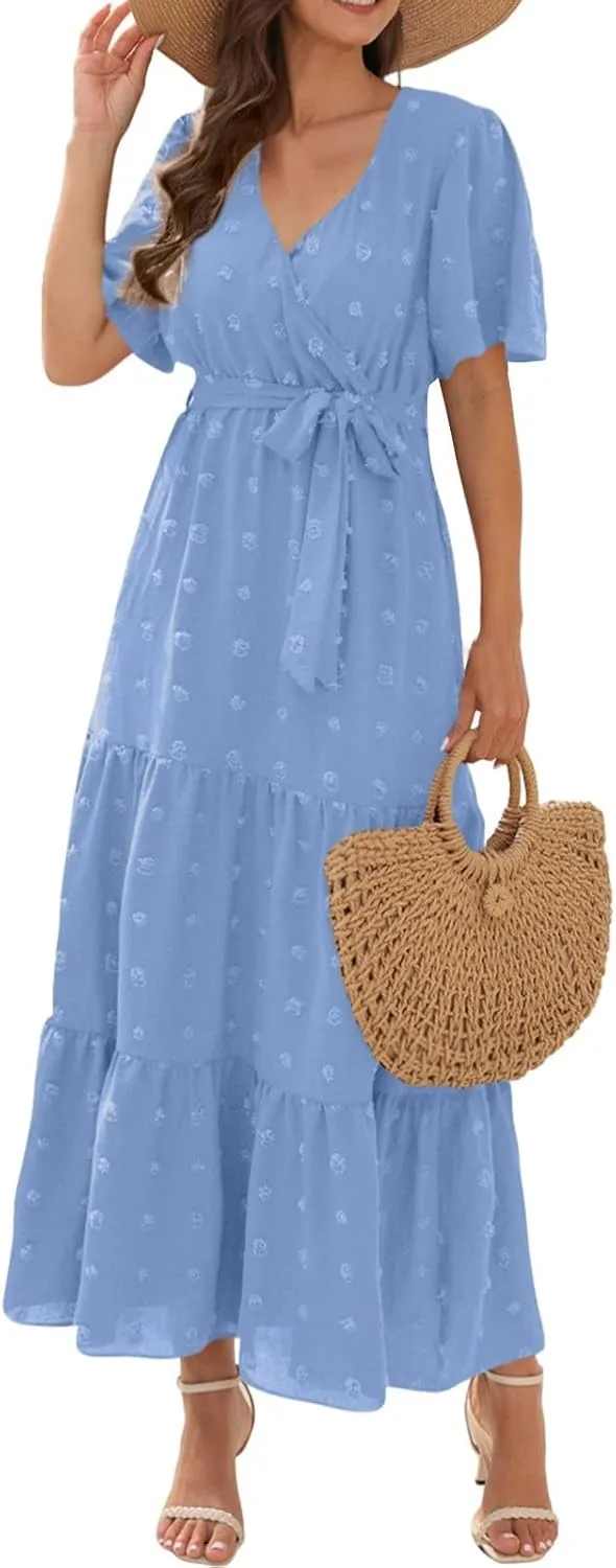 ZEFOTIM Women's Maxi Dress Work Solid Color Dress Short Sleeve V Neck Dresses