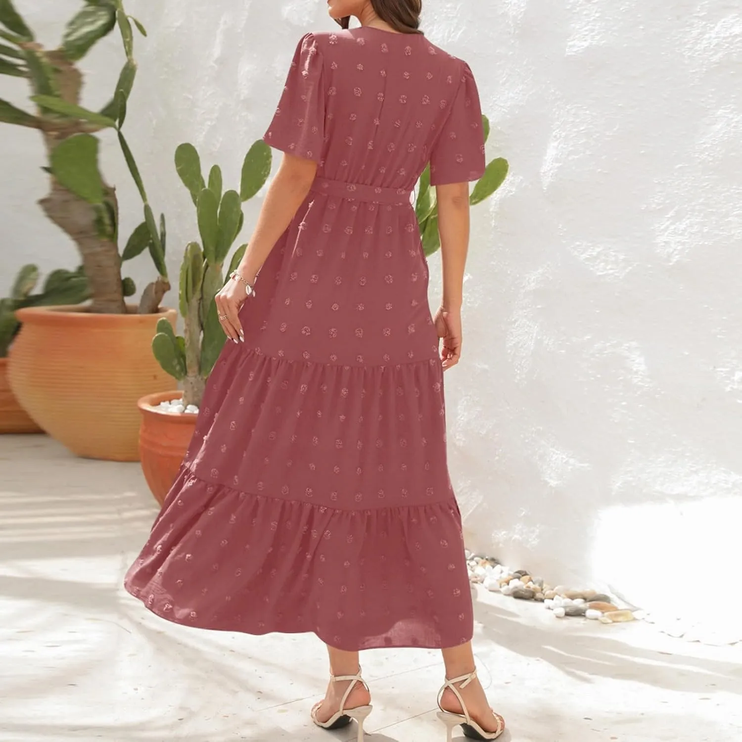 ZEFOTIM Women's Maxi Dress Work Solid Color Dress Short Sleeve V Neck Dresses