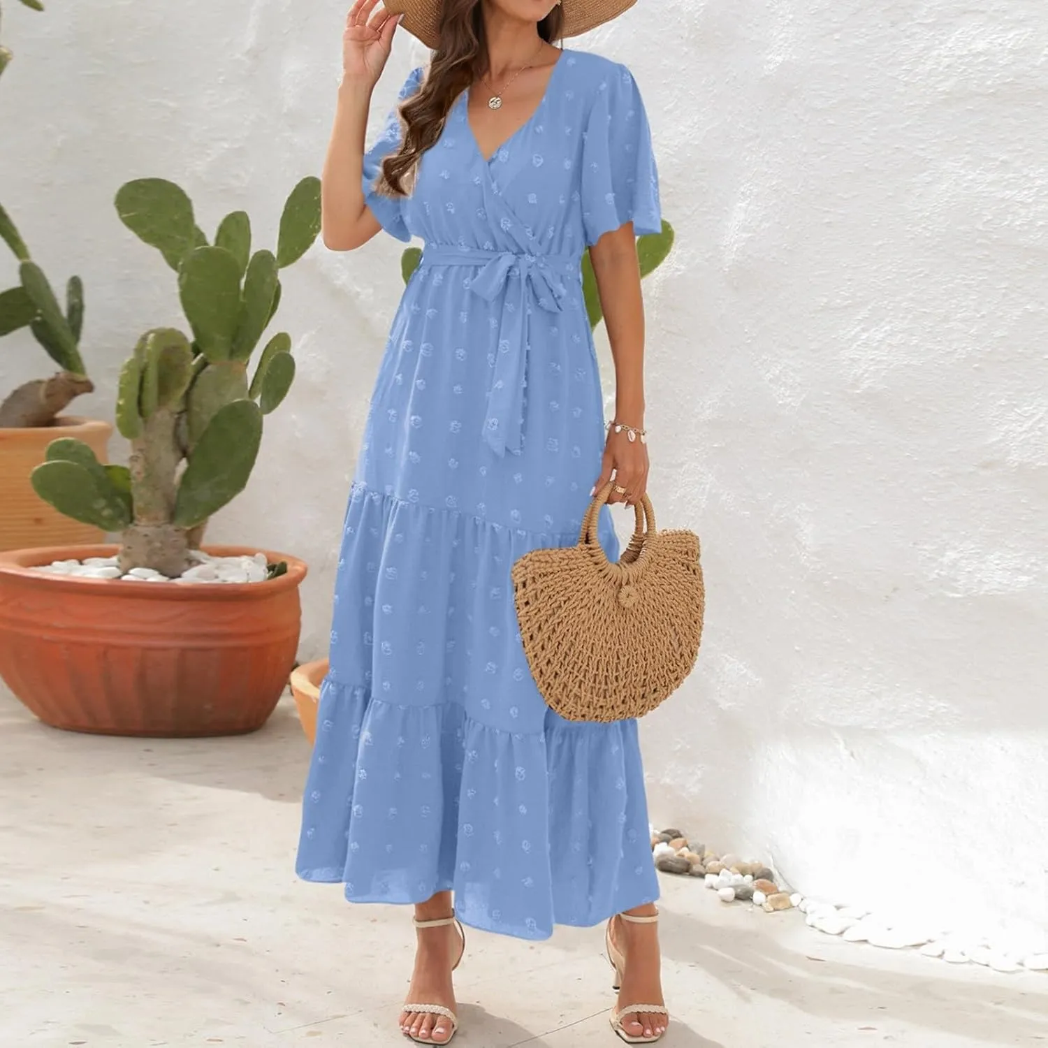 ZEFOTIM Women's Maxi Dress Work Solid Color Dress Short Sleeve V Neck Dresses