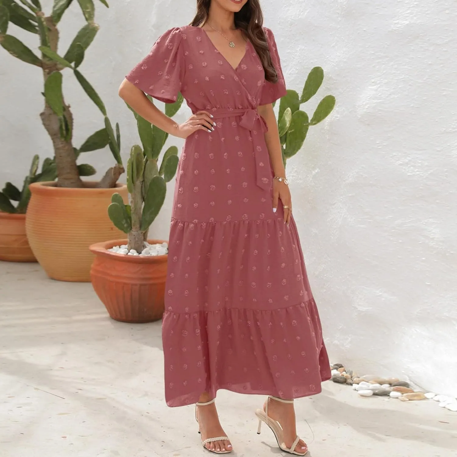 ZEFOTIM Women's Maxi Dress Work Solid Color Dress Short Sleeve V Neck Dresses