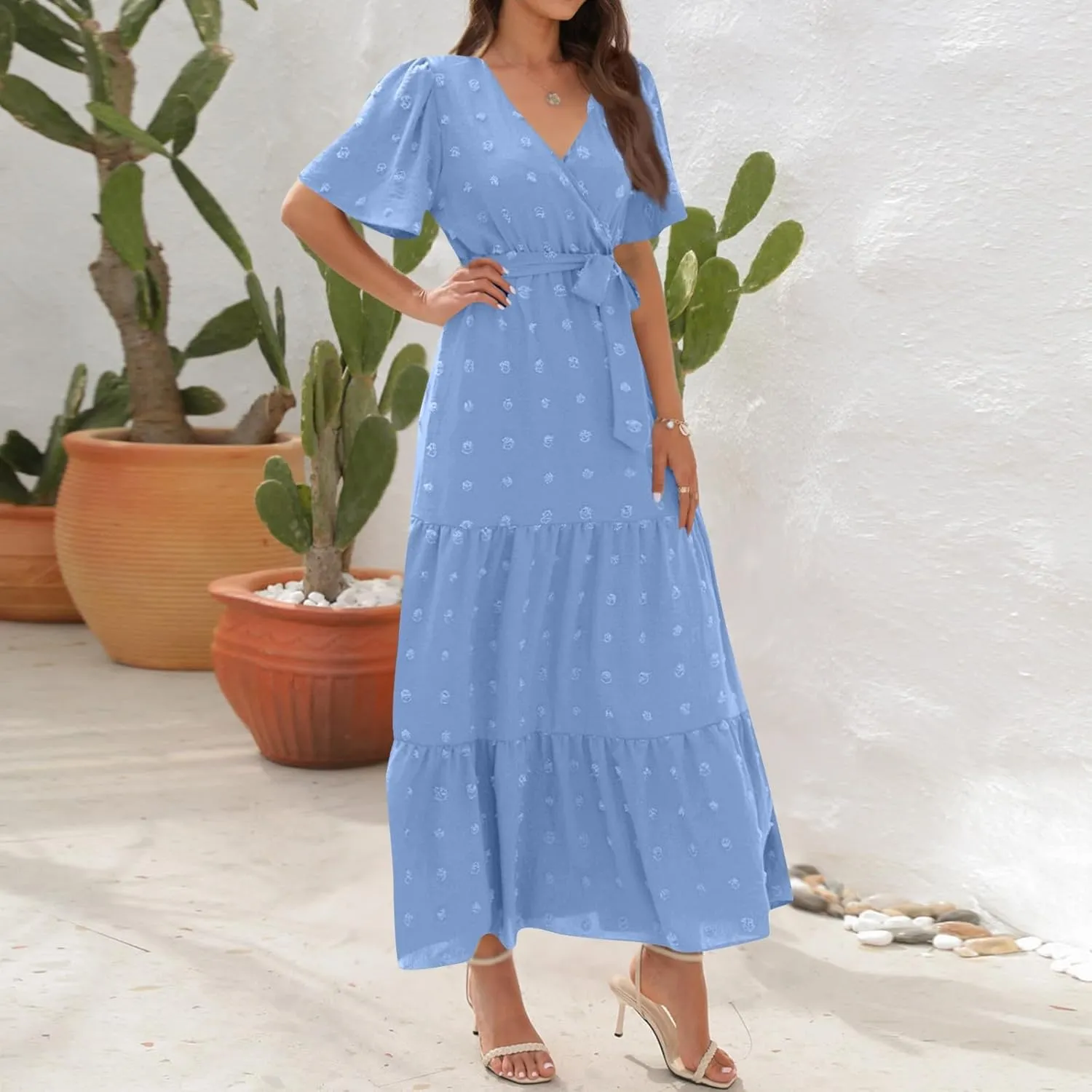 ZEFOTIM Women's Maxi Dress Work Solid Color Dress Short Sleeve V Neck Dresses