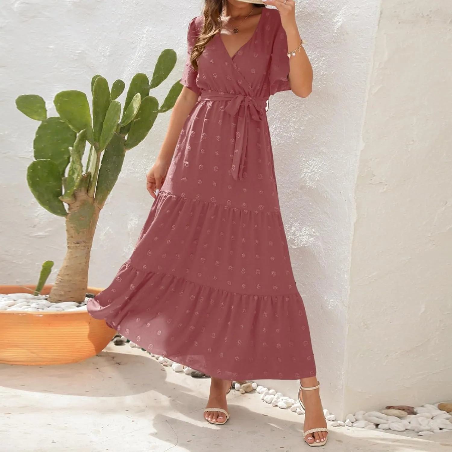 ZEFOTIM Women's Maxi Dress Work Solid Color Dress Short Sleeve V Neck Dresses