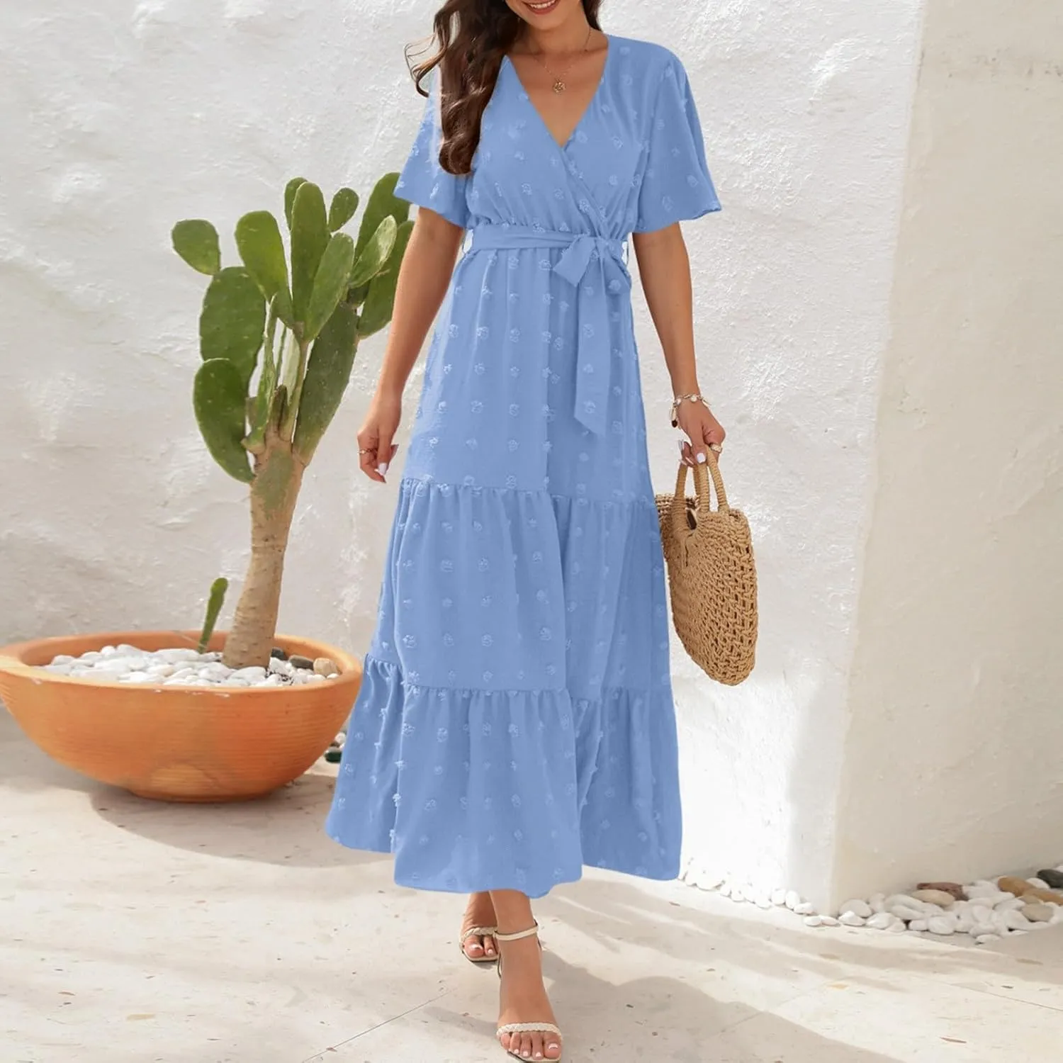 ZEFOTIM Women's Maxi Dress Work Solid Color Dress Short Sleeve V Neck Dresses
