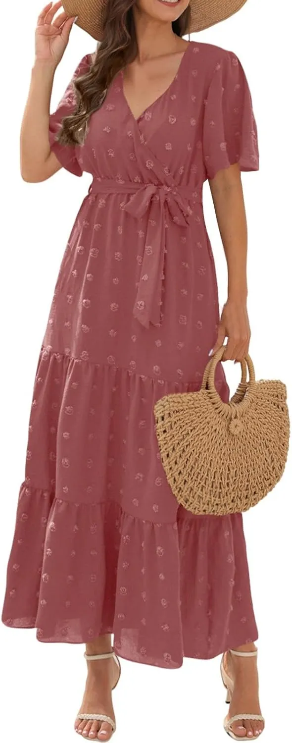 ZEFOTIM Women's Maxi Dress Work Solid Color Dress Short Sleeve V Neck Dresses
