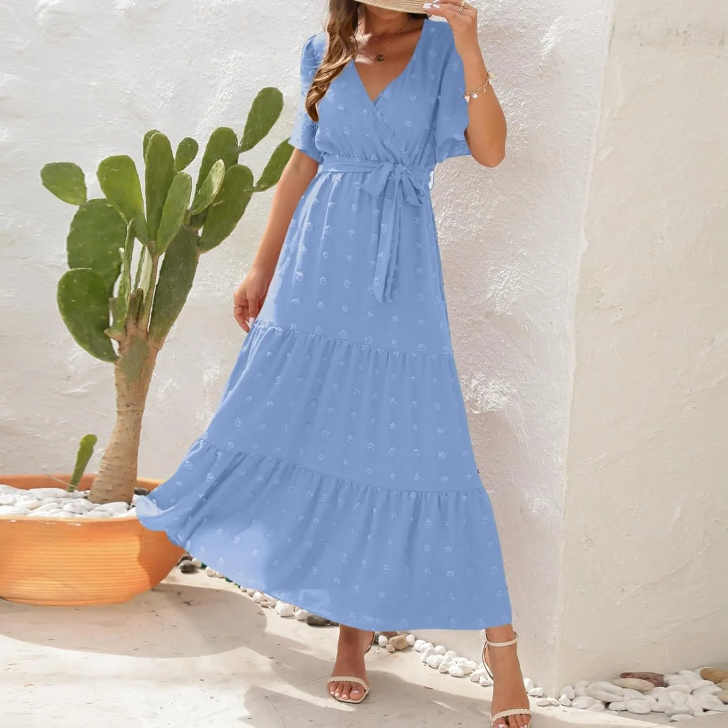 ZEFOTIM Women's Maxi Dress Work Solid Color Dress Short Sleeve V Neck Dresses